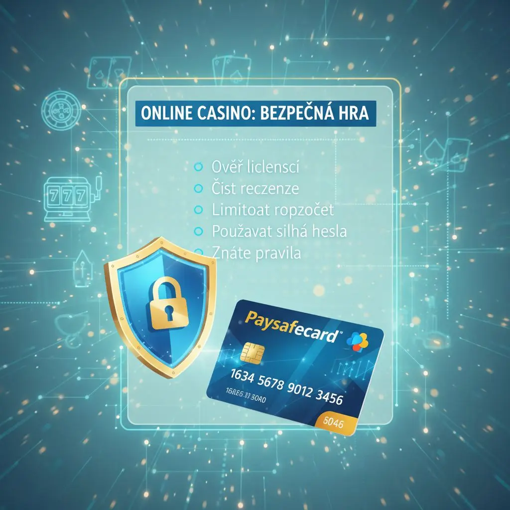 Grafická ilustrace tipů pro užívání Paysafecard v online casinu, karta a bezpečnostní prvky